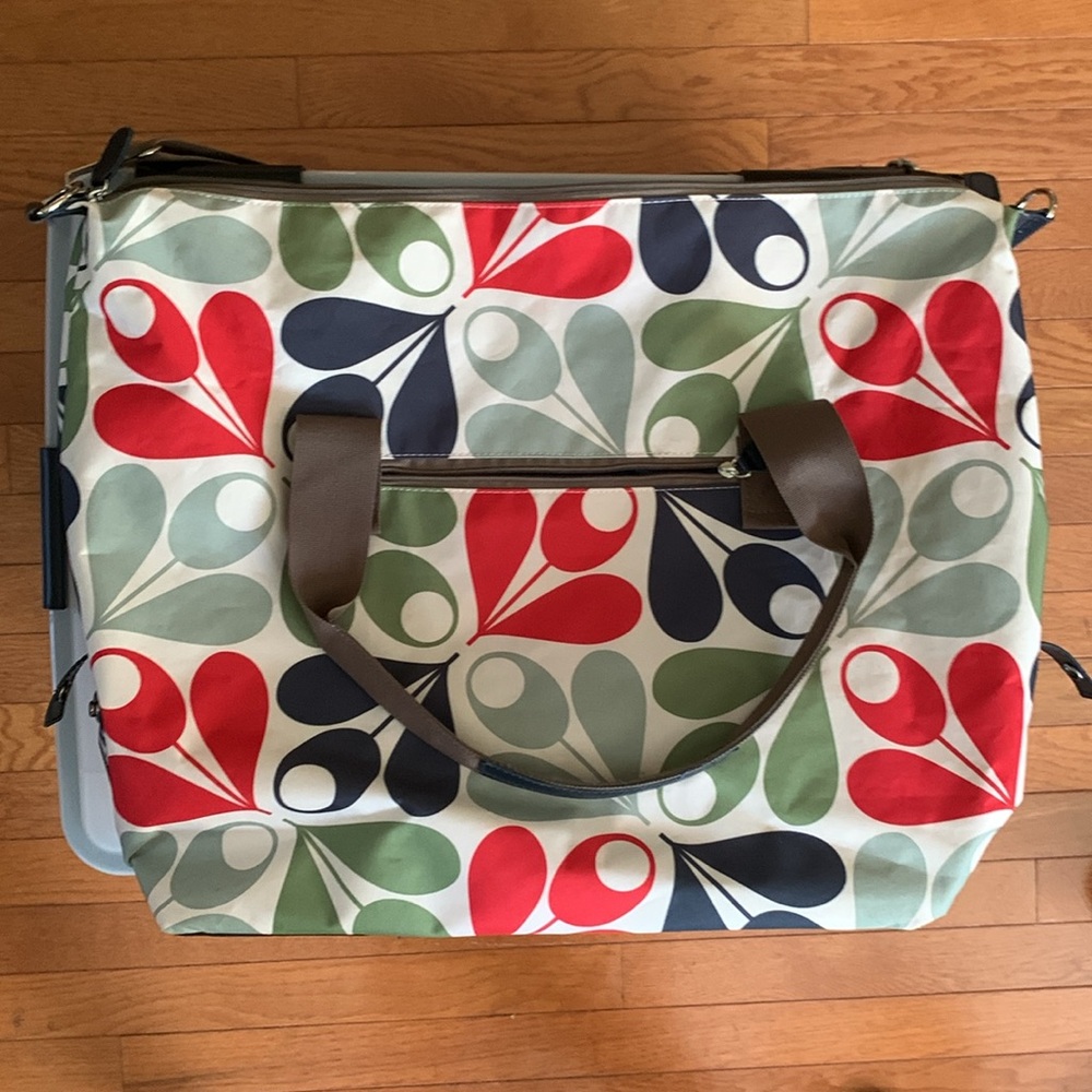 Orla Kiely dark blue, red, green and cream flower patterned bag